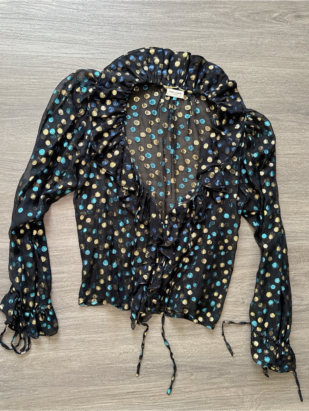 Saint Laurent Black Sheer Ruffle Wrap Blouse with Gold & Teal Polka Dots